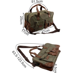 A vintage canvas duffle bag in olive green with brown leather accents, featuring multiple pockets and adjustable straps.