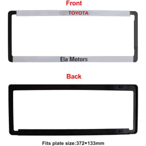 A plastic licence plate frame in white and black, featuring a logo and text on the front and a plain back.