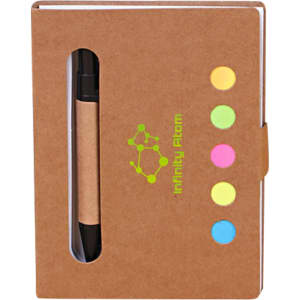 A brown sticky notes holder with a pen and brightly coloured sticky flags inside. It features a logo on the front.