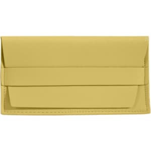 A PU leather glasses pouch in a vibrant yellow hue, featuring a simple design and a branded logo.