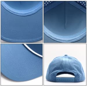 A light blue cap with a mesh back, featuring various angles showcasing its design and interior. It has a logo.
