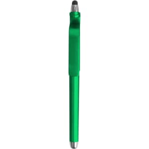 A green stylus ball pen with a mobile holder. It features a sleek design and has a silver tip.