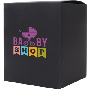 A large square black gift box featuring a colourful logo, suitable for packaging. Dimensions: 105 x 130 x 105mm.
