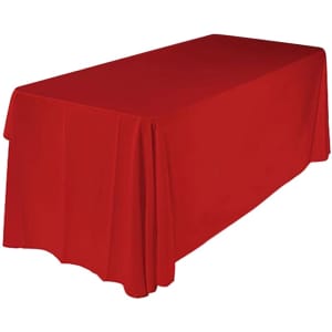 A red 3-sided throw tablecloth for an 8ft table, featuring a draped design and a logo.