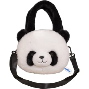 A plush handbag shaped like a panda, featuring black and white fur with a cute face and carrying straps.