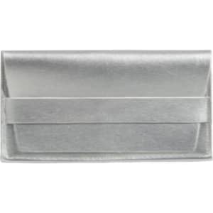 A silver PU leather glasses pouch with a slim design and a front slot. It features a logo on the surface.