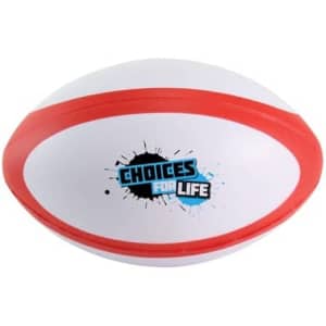 A white and red stress rugby ball featuring a logo on one side.