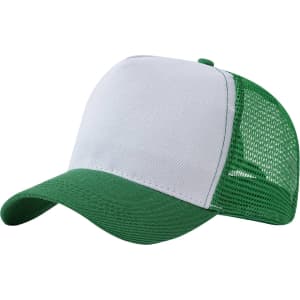 A fashion mesh hat with a white front panel and a green brim and mesh sides. It features a logo.