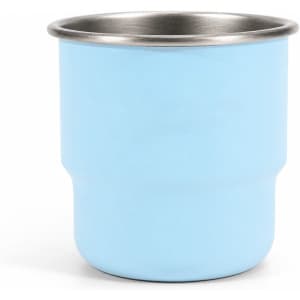 A stainless steel round bottom camping mug in light blue with a silver rim and a logo on the surface.