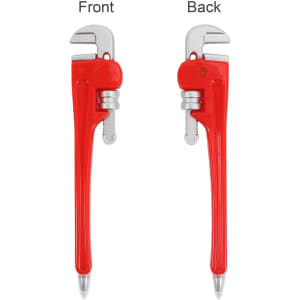 A red pipe wrench-shaped ballpoint pen featuring a silver detailing and a logo on one side.