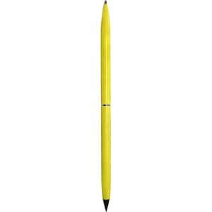 A double-ended pencil and ballpoint pen in bright yellow with a silver band, featuring a logo.