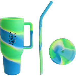 A drink bottle in vibrant green and blue silicone, featuring a handle, a straw, and a lid. It has a logo.