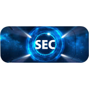 A rectangular webcam cover in blue with a circular design and a logo in the centre.