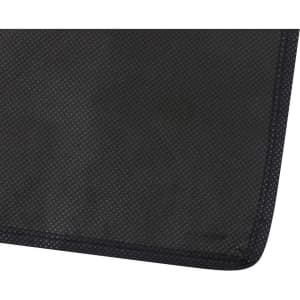 A black non-woven tote bag with a wide design, featuring a sturdy edge and a branding logo.