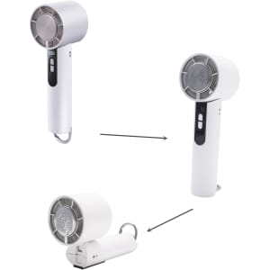 A high-speed cooling fan in white with a detachable design and control buttons, featuring a logo on the handle.