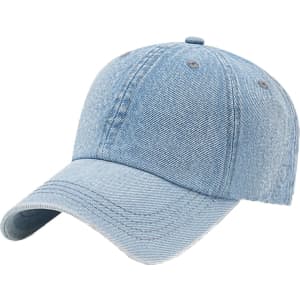 A denim baseball cap in light blue with a curved brim and a fabric strap at the back.