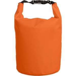An orange waterproof dry bag with a secure top closure and adjustable strap. It features a logo on the side.