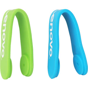 A green and a blue silicone magnetic clip with a logo, designed for holding items together.