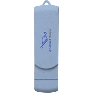 A light blue flash drive made from wheat straw with an abstract shape design and a logo.