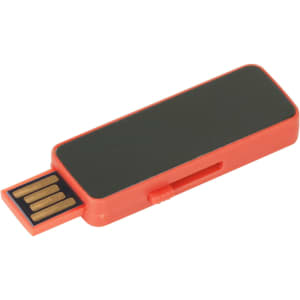 A sliding flash drive in bright red with a grey top, featuring a USB connector that extends from one end.