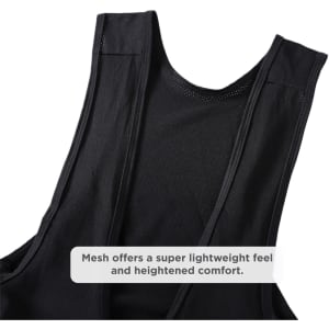 A close-up of black men's sublimated cycling bib shorts, featuring a mesh design for lightweight comfort.