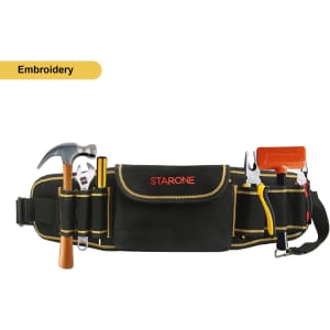 A black waist tool bag with yellow trim, featuring a hammer, pliers, and other tools, plus a logo.