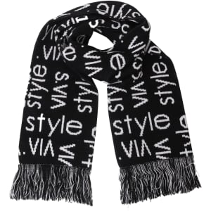 Acrylic fibres scarf in black and white featuring a repeated text pattern with fringe edges. Includes a logo.