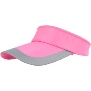 A pink and grey sun visor with a wide brim and an adjustable band, featuring a logo on the front.