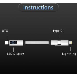A 100W 3-in-1 aluminium charging cable in silver, featuring a digital display and multiple connector types.
