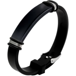 A sleek engraved bracelet featuring a dark band with silver accents and a branded logo.