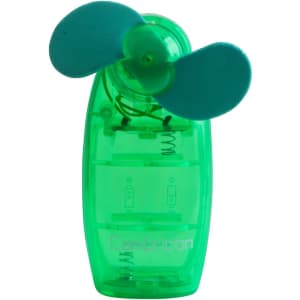 A transparent green handy fan with two blue blades and a visible inner mechanism. It features a logo on the casing.