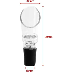 A clear wine aerator with a black base, measuring 90mm in height and 32mm in diameter.