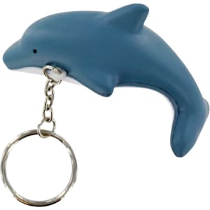 A blue dolphin-shaped keyring stress reliever with a metal keyring attachment. It has a smooth, solid finish.