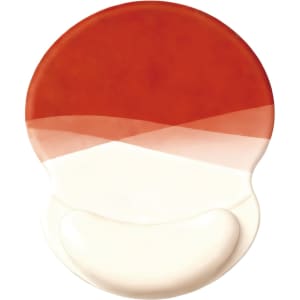 A round, lightweight gel pad in red and white, designed for use as a mouse mat. Features a smooth surface and a logo.