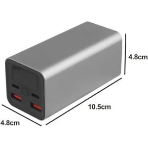 A grey power bank with two USB ports and measurement specifications shown on the side. It has a logo on the front.