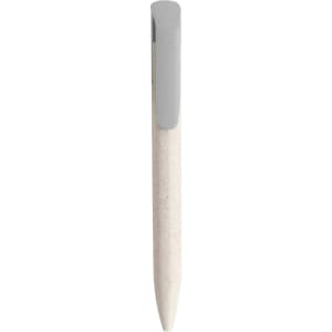 A click pen made from wheat straw, featuring a cream body and a grey clip. It has a simple design with a logo.