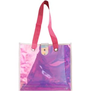 An iridescent clear tote bag with pink handles and a snap closure, featuring one logo.