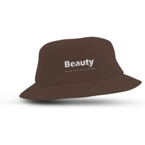 A brown terry towelling bucket hat with a logo on the front. Suitable for leisure and outdoor activities.