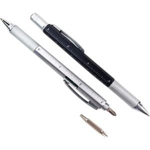 A multi-function pen set featuring a silver pen with a ruler and a black pen, both with a sleek design.