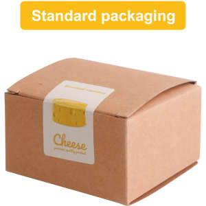 A brown cardboard box with a cheese-themed label, featuring standard packaging for round cheese shape candles.