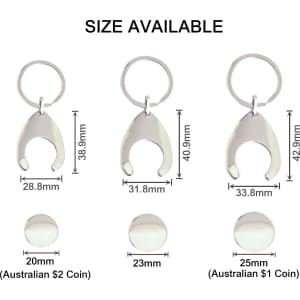 A teardrop-shaped trolley coin keyring in silver, available in three sizes, with a metal keyring attached.