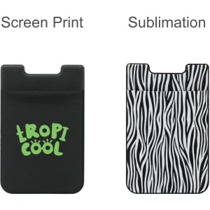 A black phone wallet featuring a green screen print design on one side and a zebra print pattern on the other.