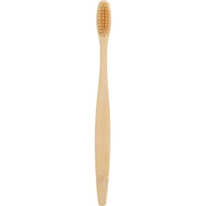 A large bamboo toothbrush in a natural beige colour with a textured bristle head and a simple design.