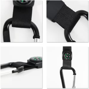 A black carabiner keychain featuring a compass and fabric strap. Includes a logo on the product.