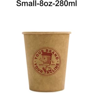 A small, 8-ounce compostable kraft paper cup in brown with a logo on the front.
