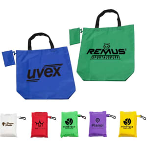 Two foldaway shopping bags are displayed: one blue with a logo, and one red, alongside bags in green, purple, and yellow.