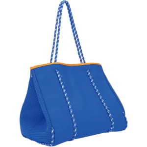 A large blue neoprene beach tote bag with patterned rope handles and orange trim. It features a logo.