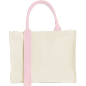A horizontal canvas tote bag in cream with pink handles and straps, featuring a logo on the side.