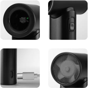 A black high-speed portable handheld fan with a digital display, power button, USB charging port, and mesh fan guard.