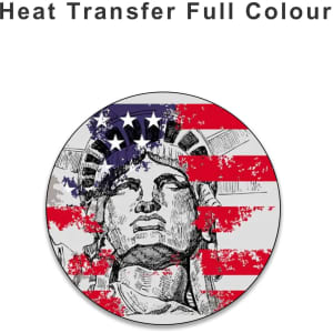 A round heat transfer design featuring the Statue of Liberty against a background of red and white stripes with blue accents.